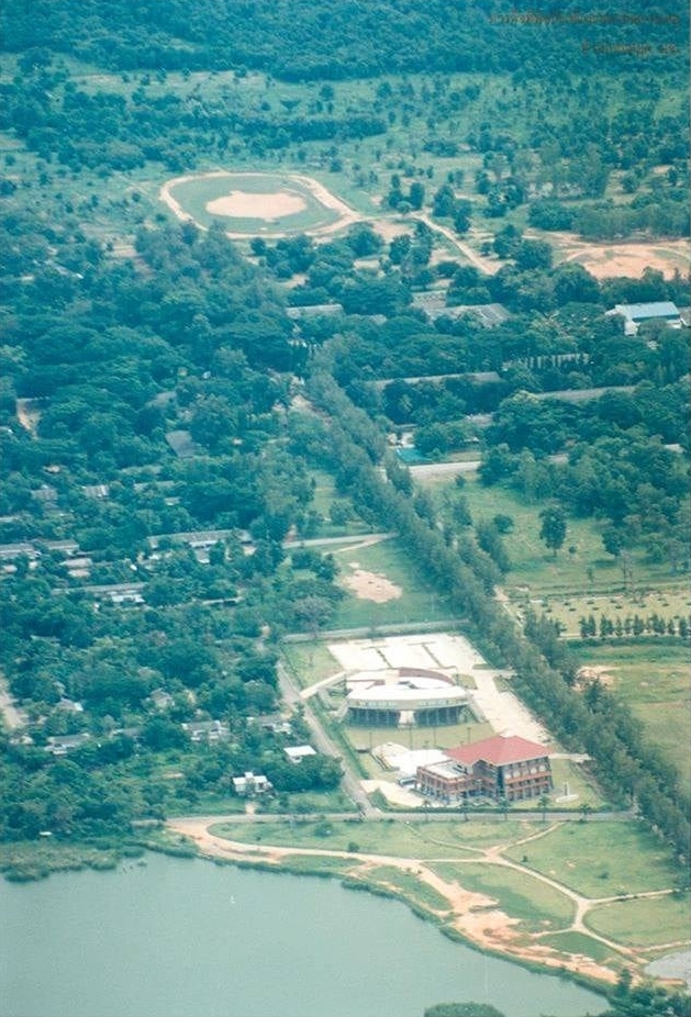 Aerial campus view with lake